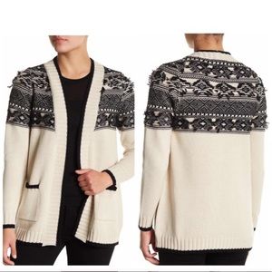 Chaser Contrast Stitch Cardigan Sweater Cream Black XS